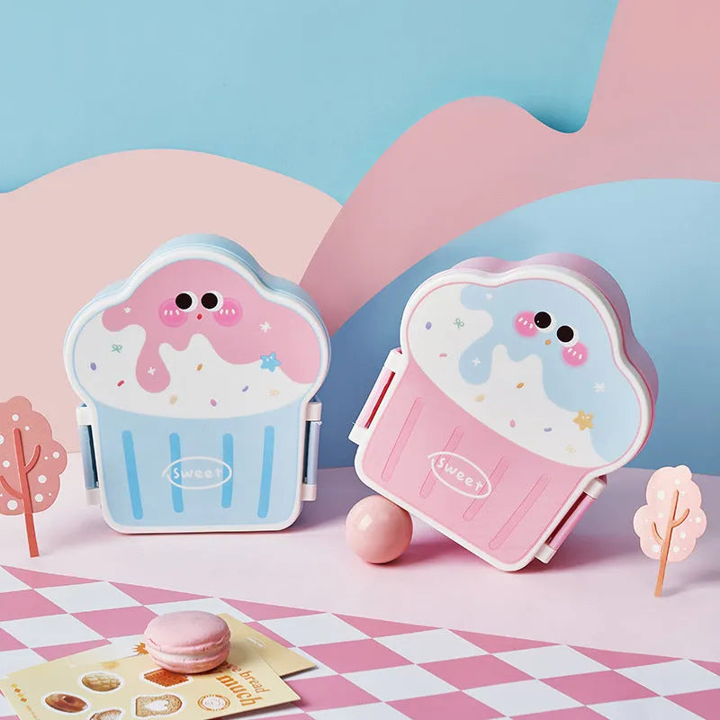 Creative ice cream shaped plastic lunch box with spoon and fork set in pink or blue colour