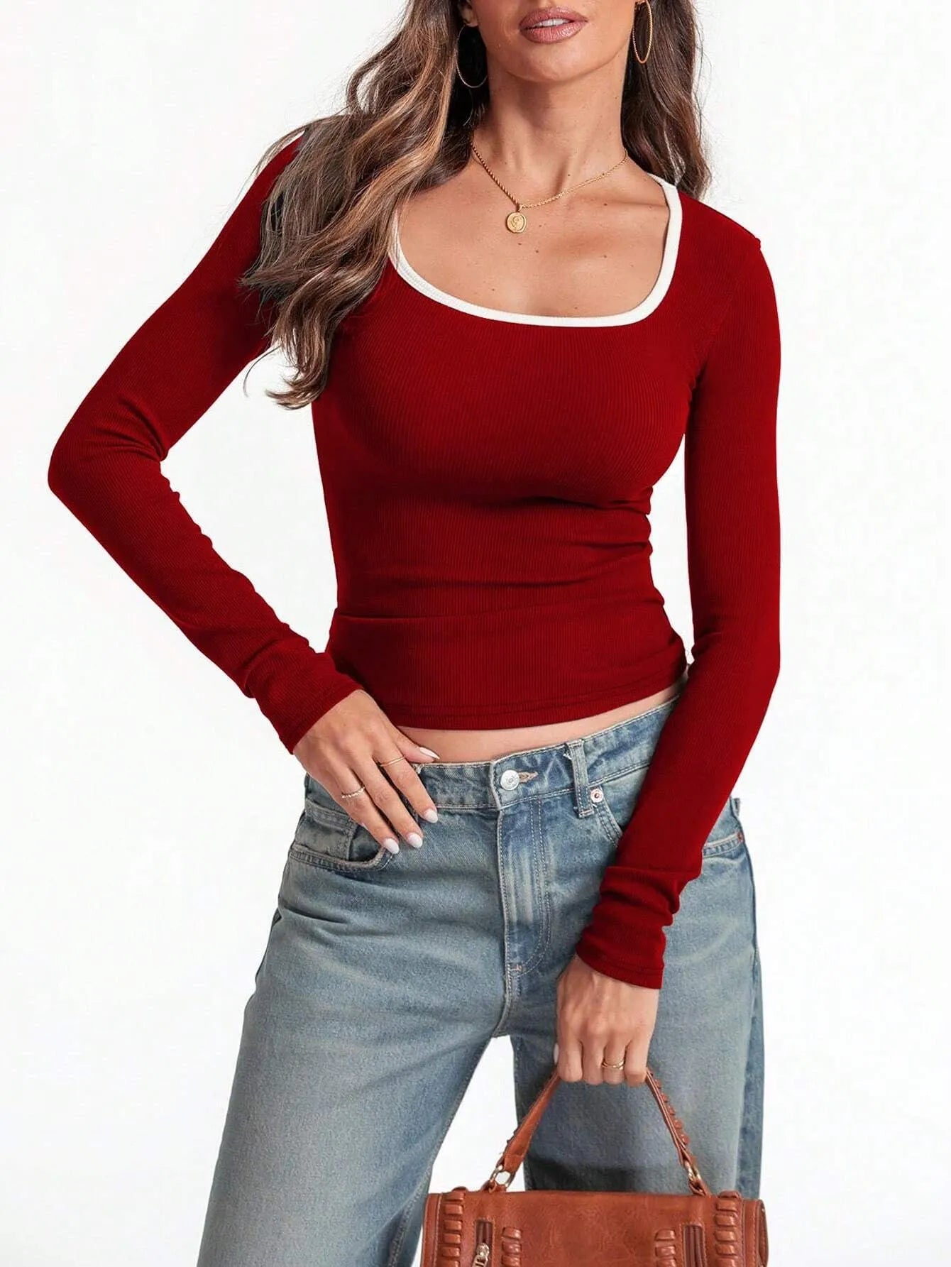 Women's slim fit cotton top with square collar in light grey, shown front view.