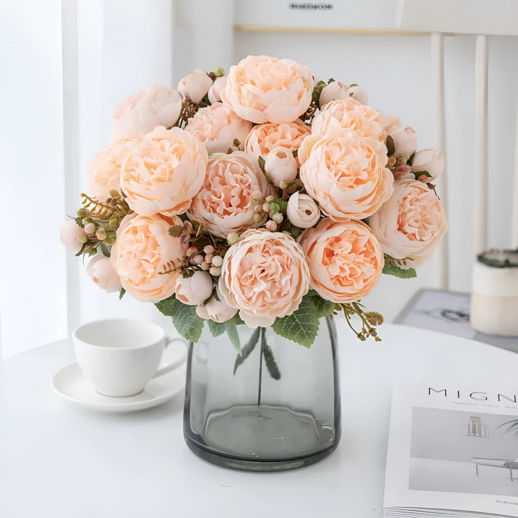 Artificial silk peony flower bouquet in a vase for home or wedding decoration