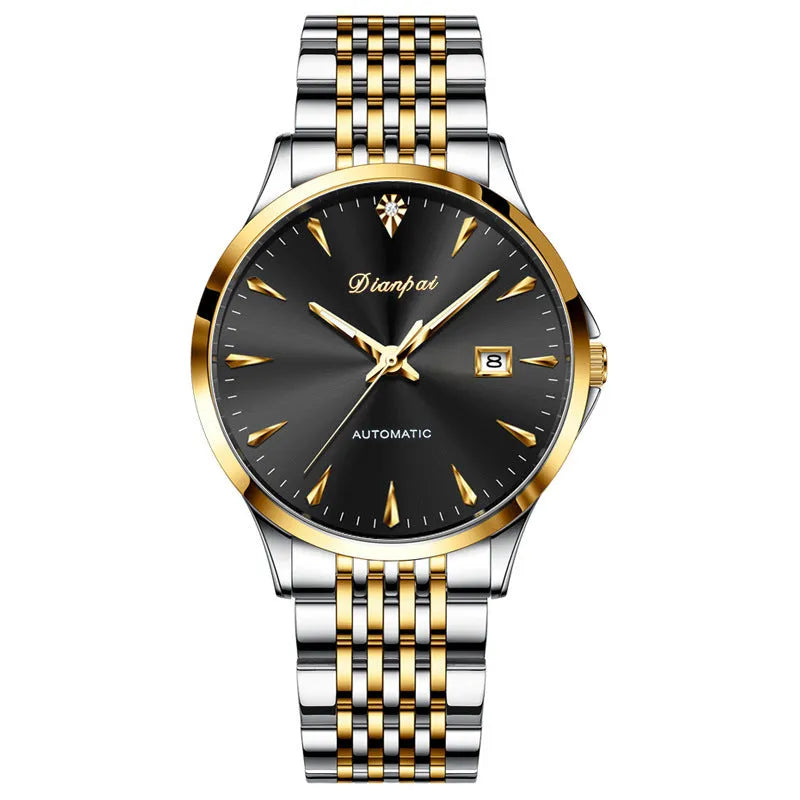 Men's stainless steel automatic mechanical watch with simple dial on wrist.