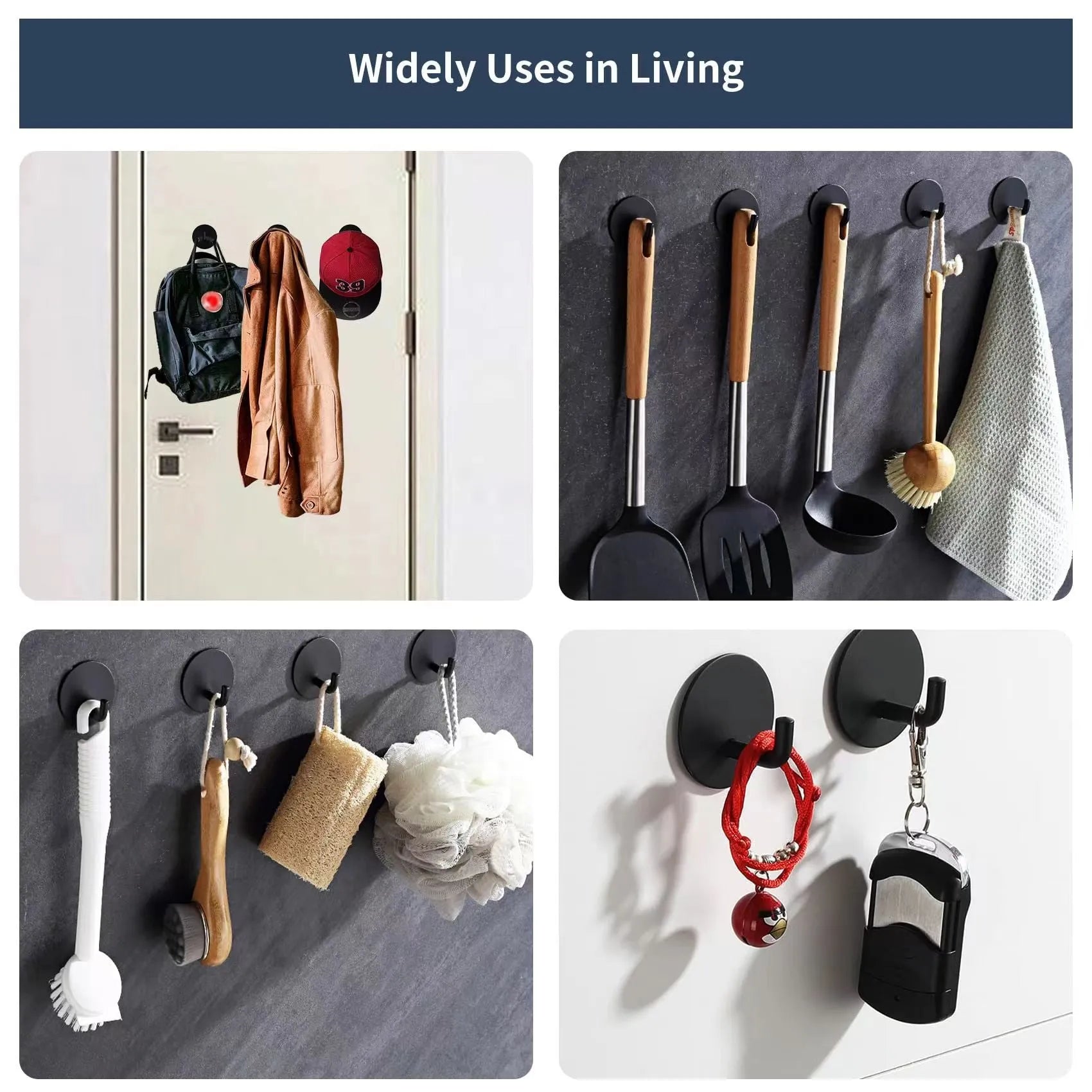 Stainless steel self-adhesive wall hook in black and polished silver finishes.
