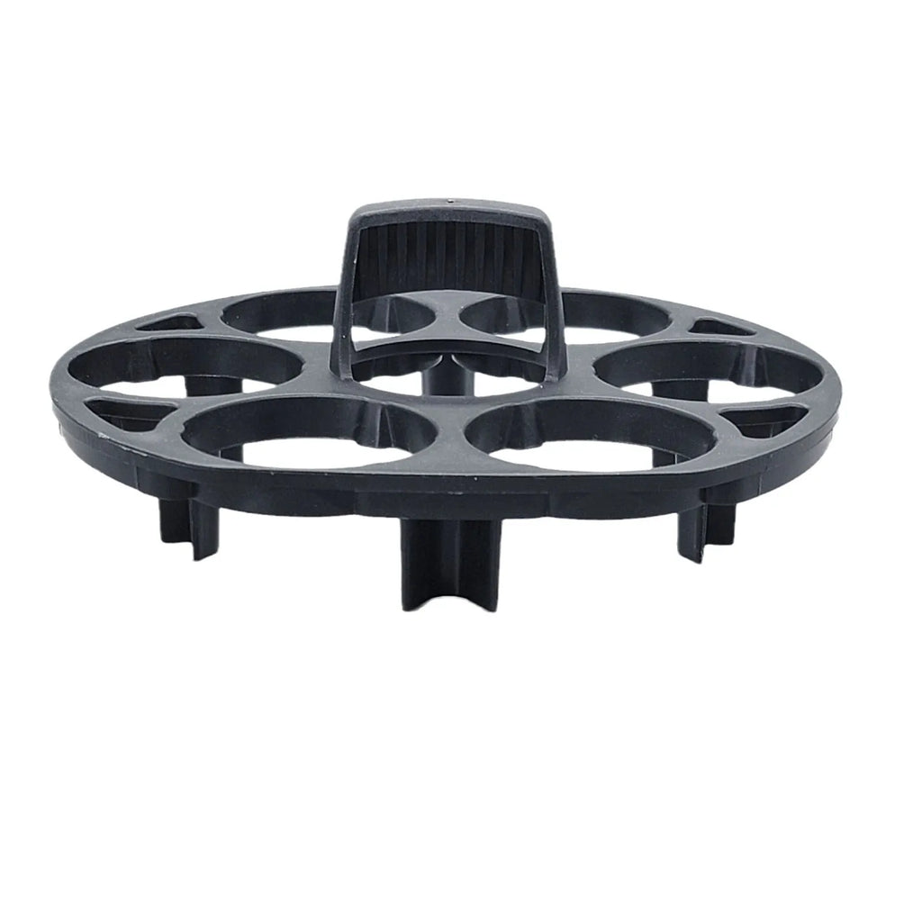 Black plastic egg holder cooking basket rack with modern design on a white background.