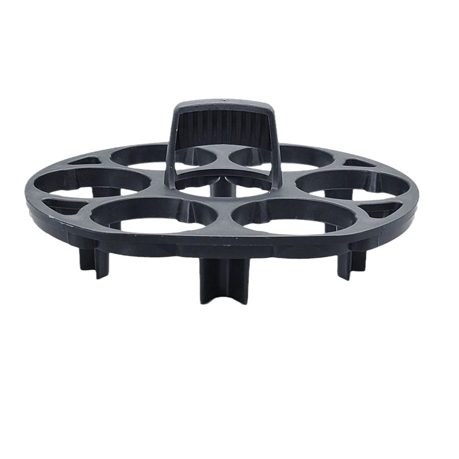 Black plastic egg holder cooking basket rack with modern design on a white background.