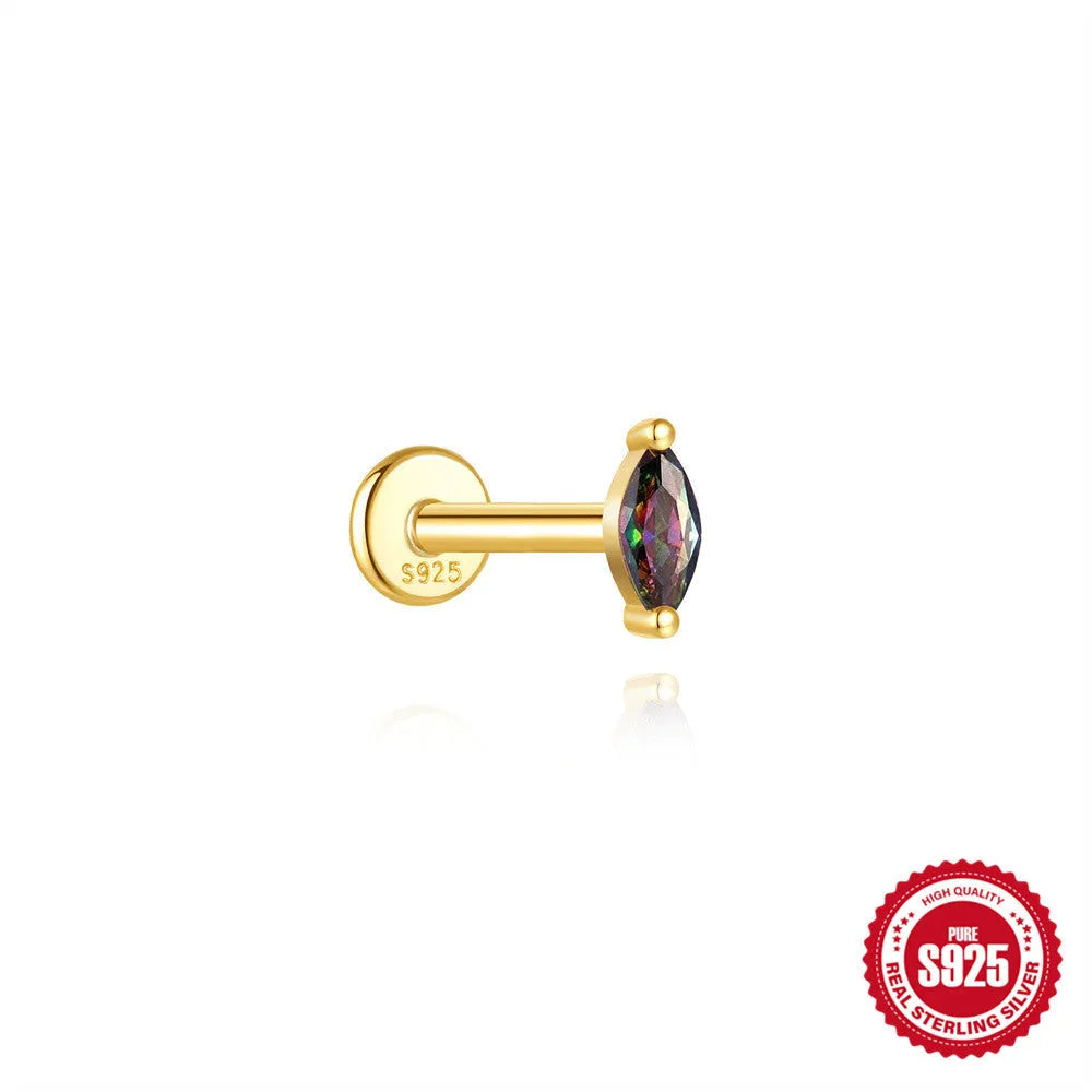 S925 sterling silver geometric flat head earring with a shiny rainbow stone on an alloy backing.