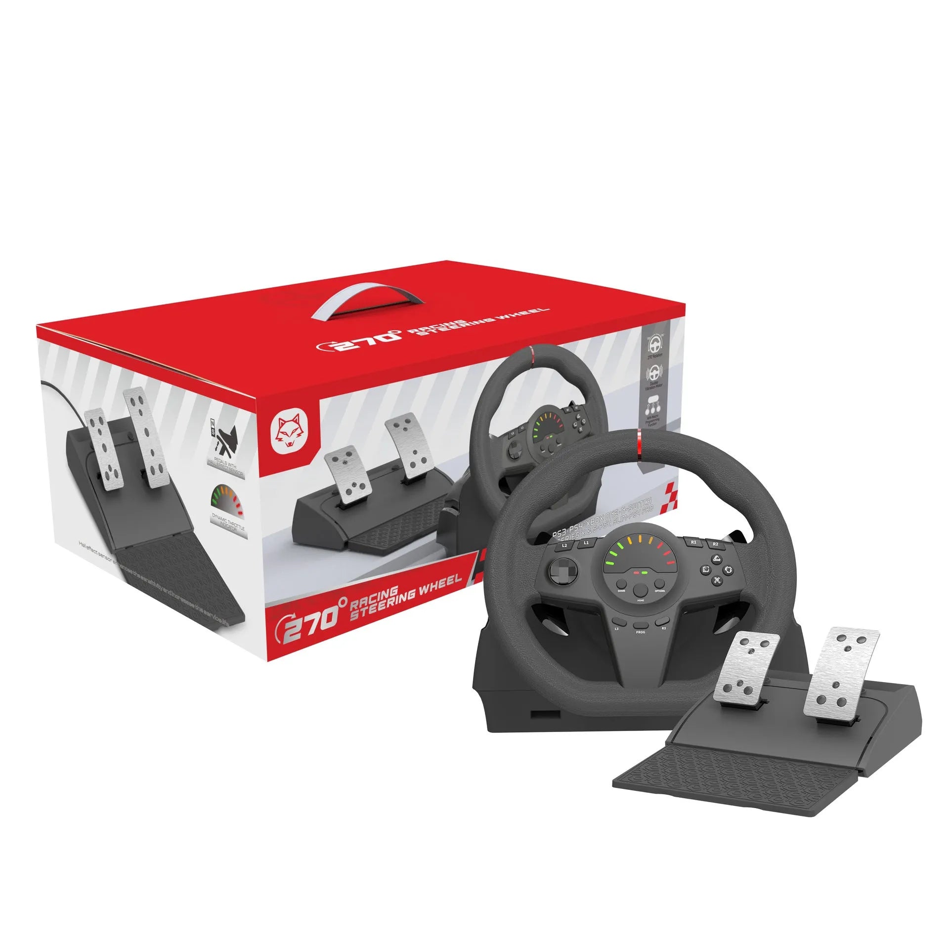 Black multi-platform gaming steering wheel with two pedals and a USB cable on a desk.