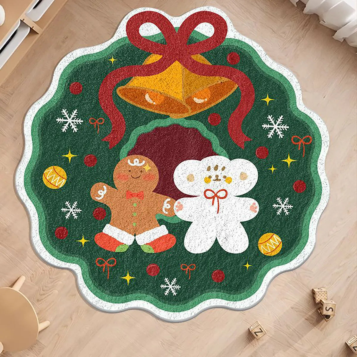 Round alien-shaped Christmas floor mat in imitation cashmere with holiday colour pattern