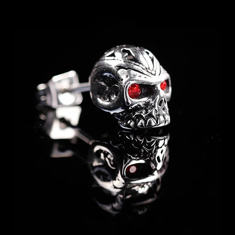 Retro skull stud earrings with red eye ghost head design and alloy artificial gemstone inlay