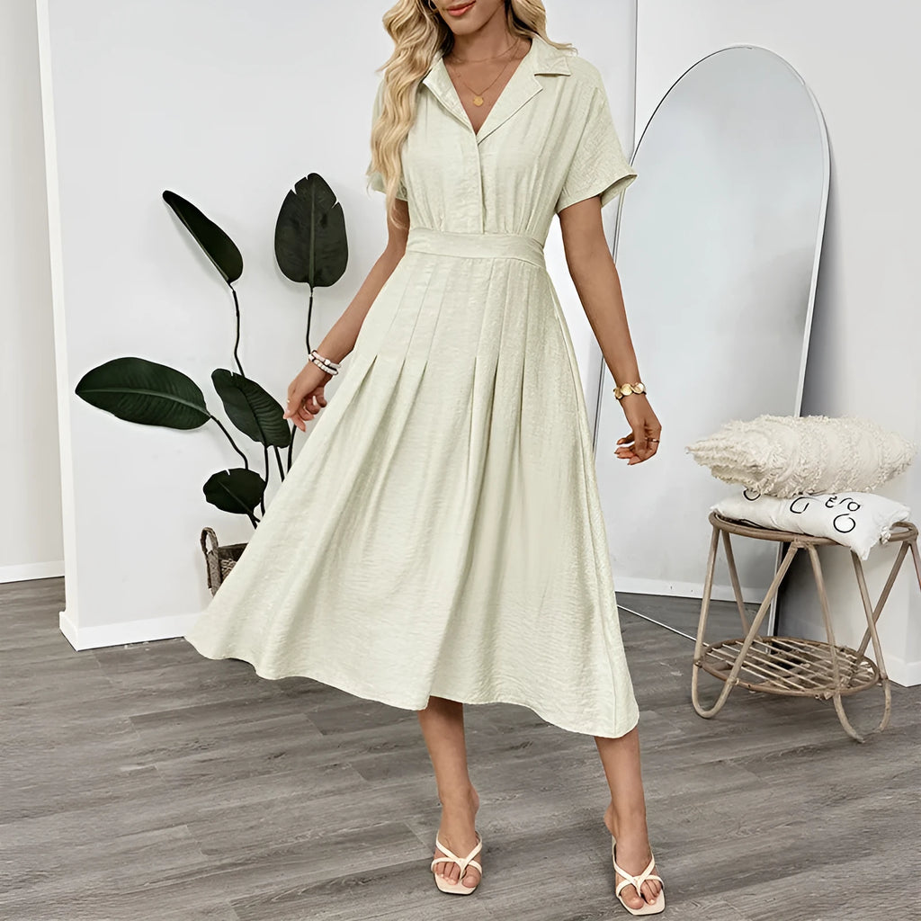 Light green women's lapel collar shirt dress with waist-tight skirt and pockets