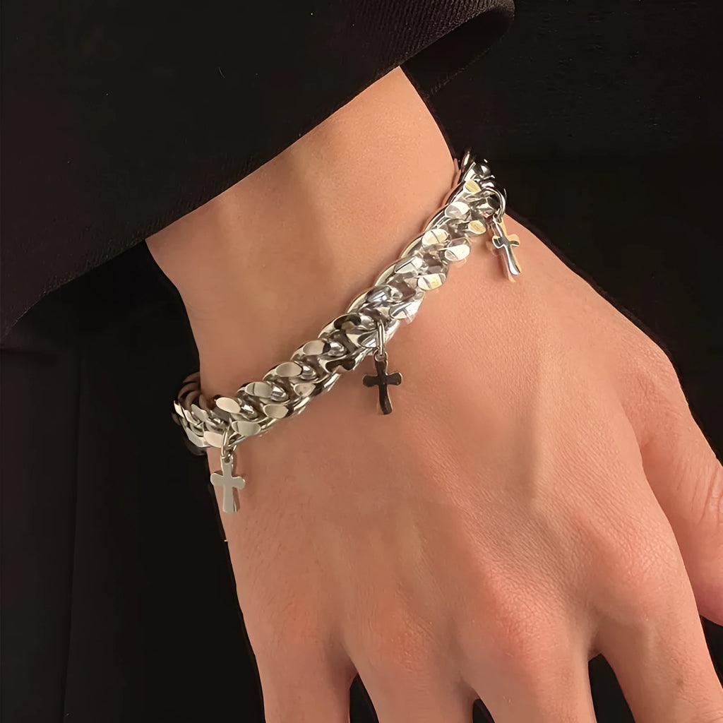 Men's geometric titanium steel bracelet with cross pendant in cold wind style