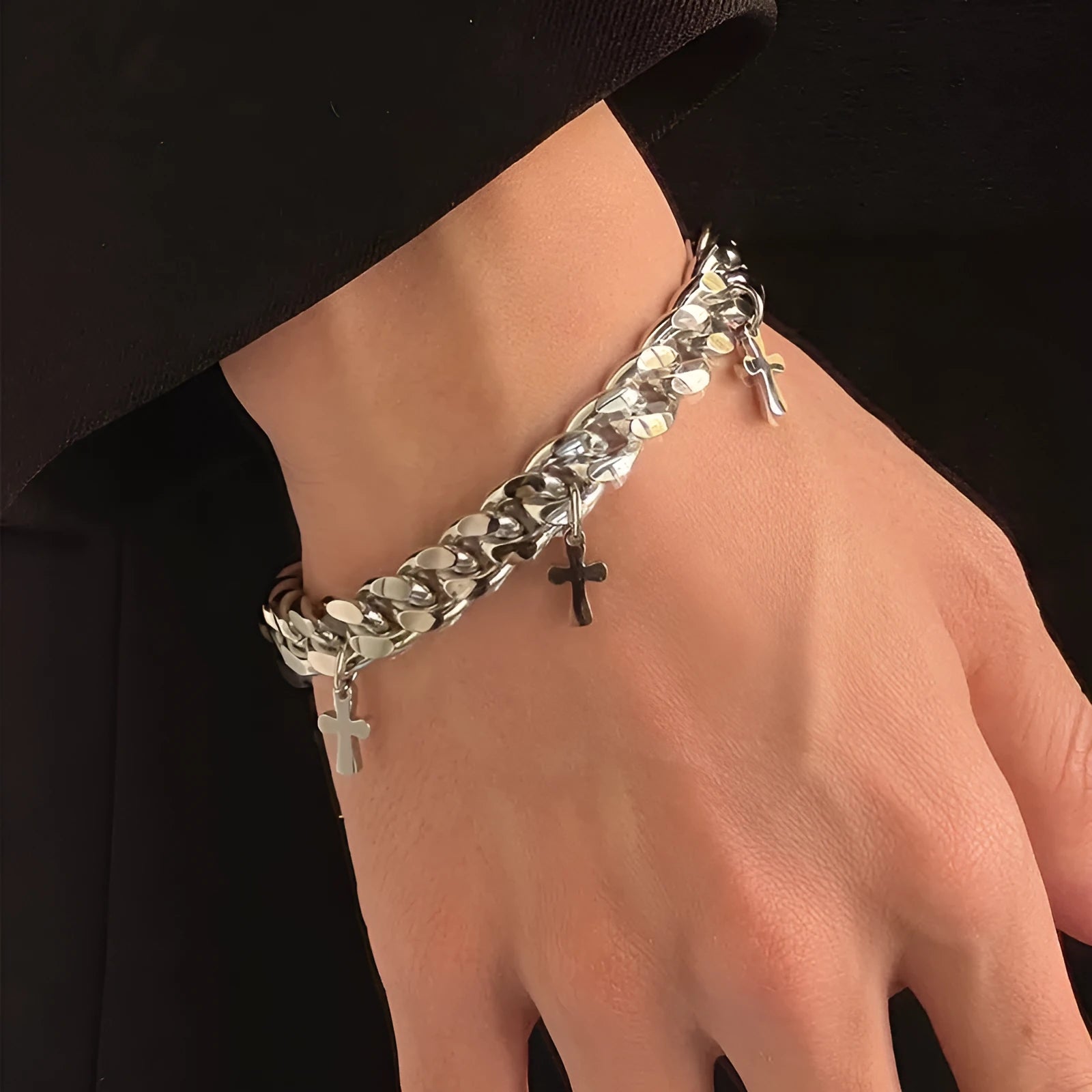 Men's geometric titanium steel bracelet with cross pendant in cold wind style