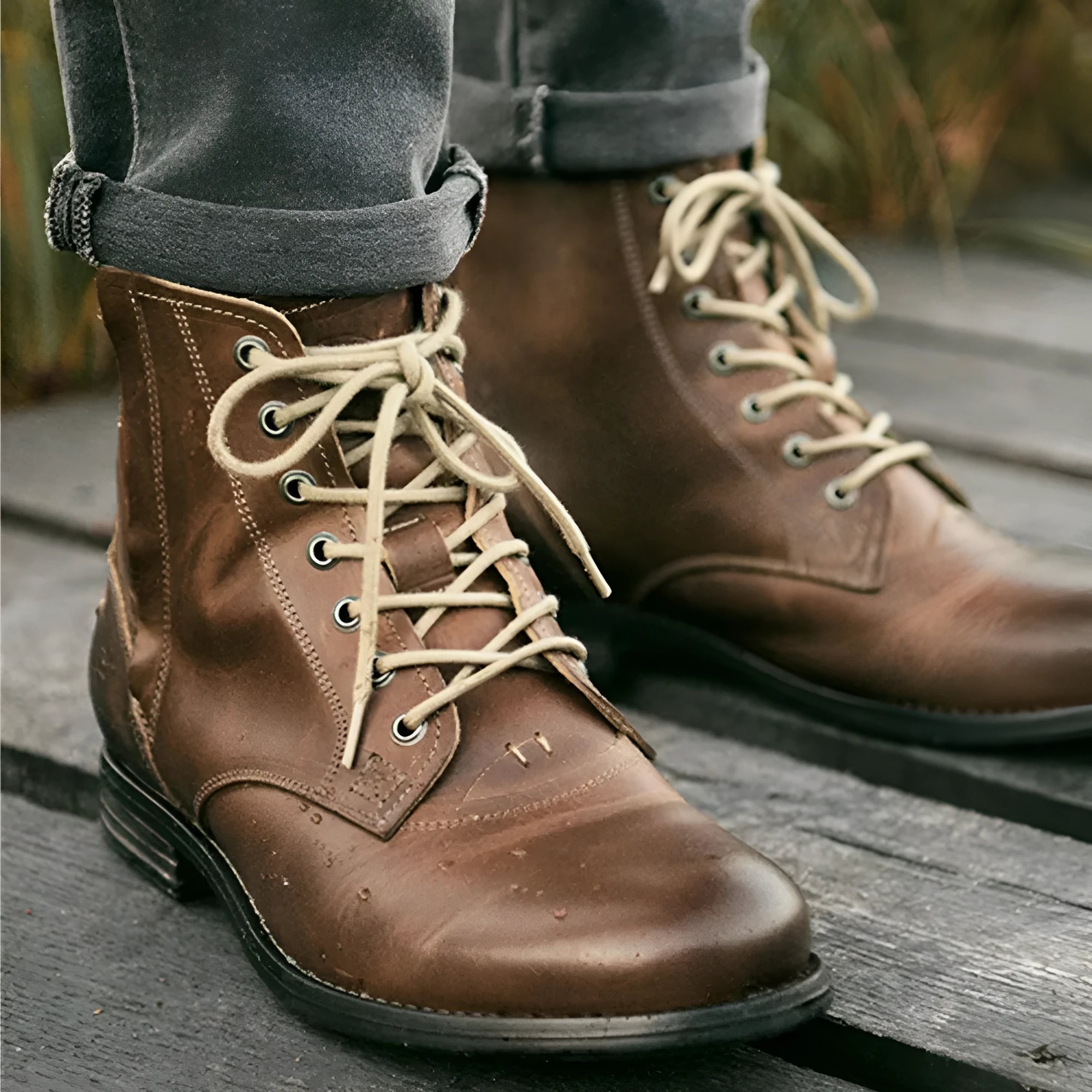 Men's two-tone leather boots with side zip closure and low 1-3cm heel