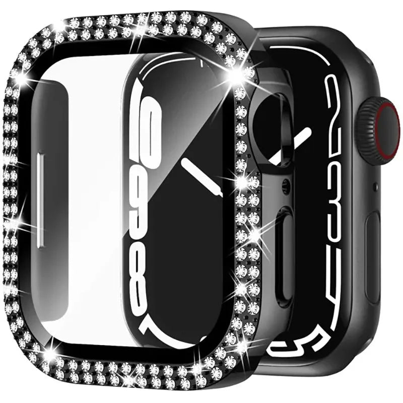 Apple Watch with a protective case and Double Diamond Glass screen protector in rose gold colour