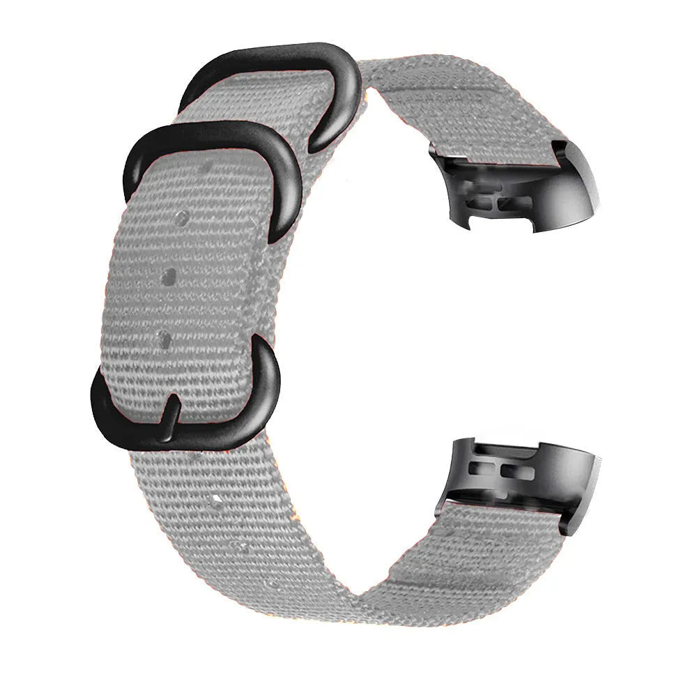 Nylon replacement strap with buckle for Fitbit Charge 2, 3, 4, and 5 fitness trackers.