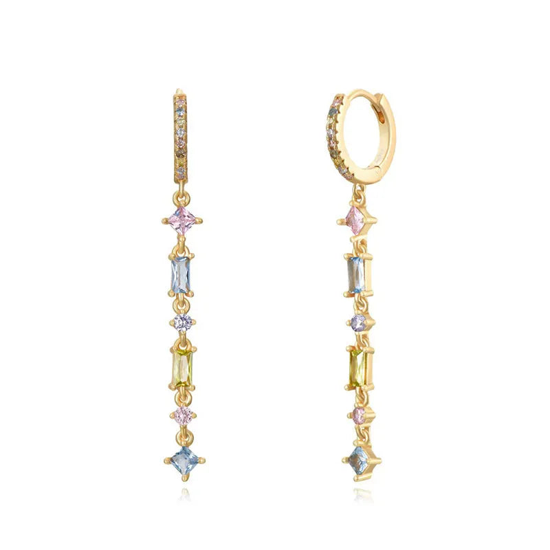 Geometric tassel ear clips with micro-inlaid colourful zircon stones on silver needle copper