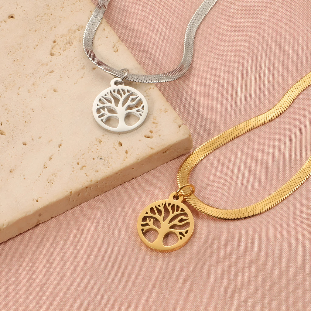 Stainless steel tree pendant clavicle chain with snake bones chain design in gold finish