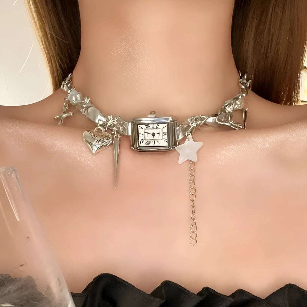 Dark multi-layer cross necklace with twin chains and hemp flowers detailing, adjustable 41-50cm length