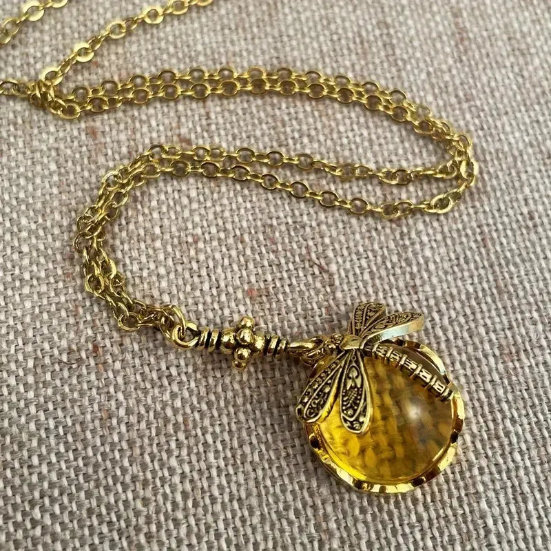 Vintage bronze hand carved dragonfly pendant necklace with 925 silver and yellow colour