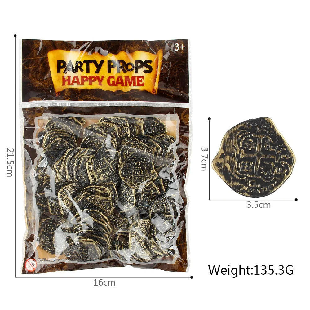 Set of 100 Doli Roman pirate coins with electroplated bronze, gold, and silver finishes for decoration.