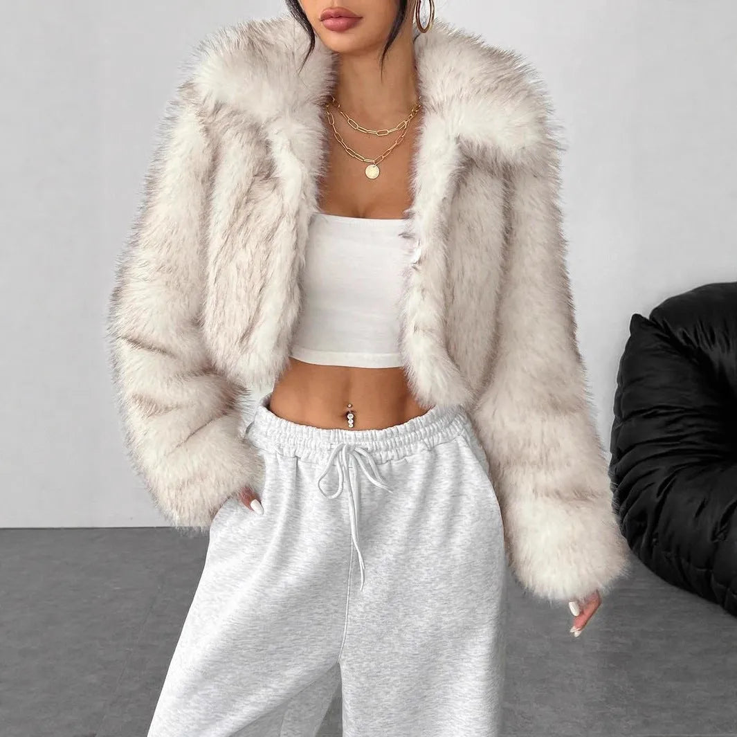 Artificial fox fur fashion coat with fur collar, shown in short length and available in multiple colours.