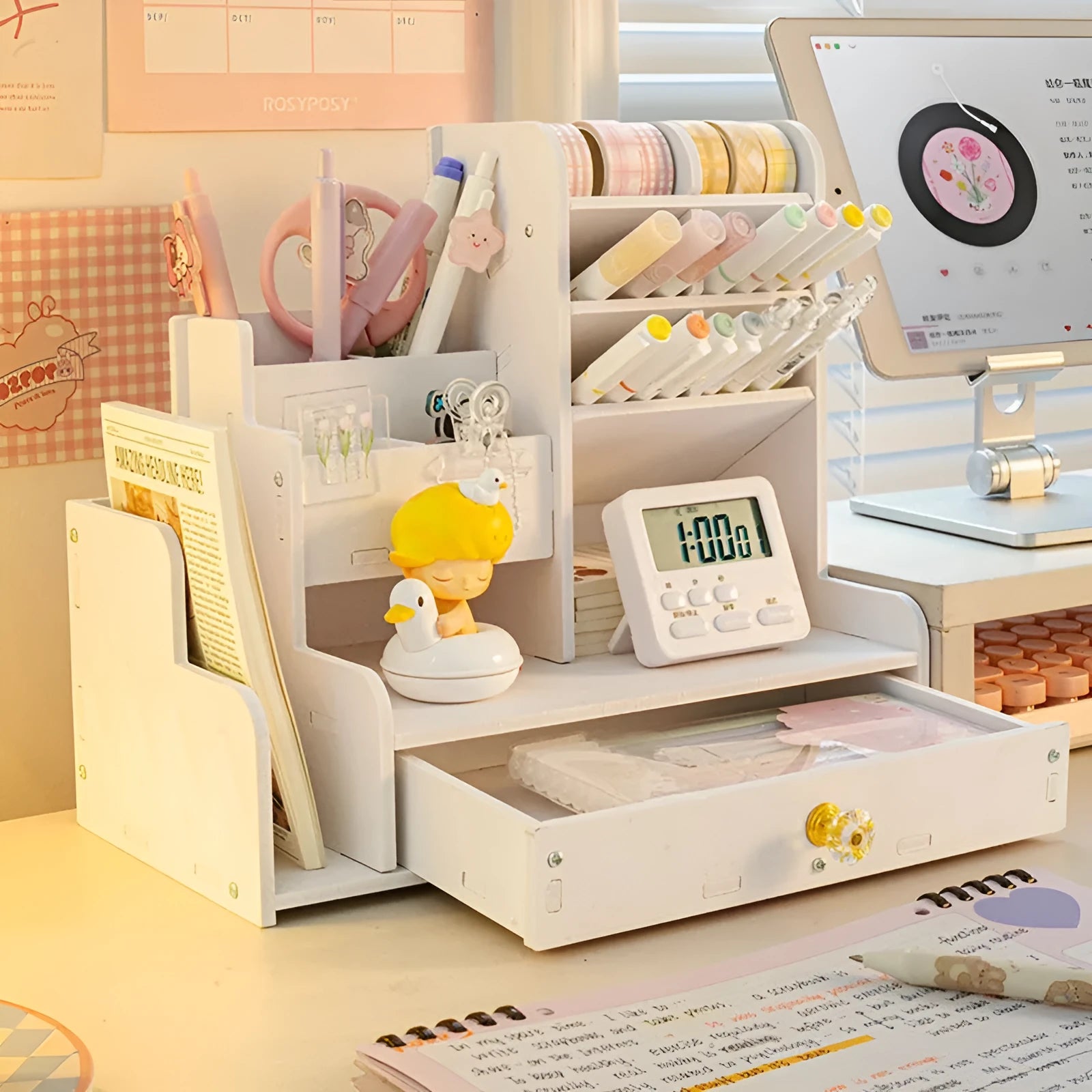 Square plastic pen holder storage box with multiple oblique insertion compartments on a desk.