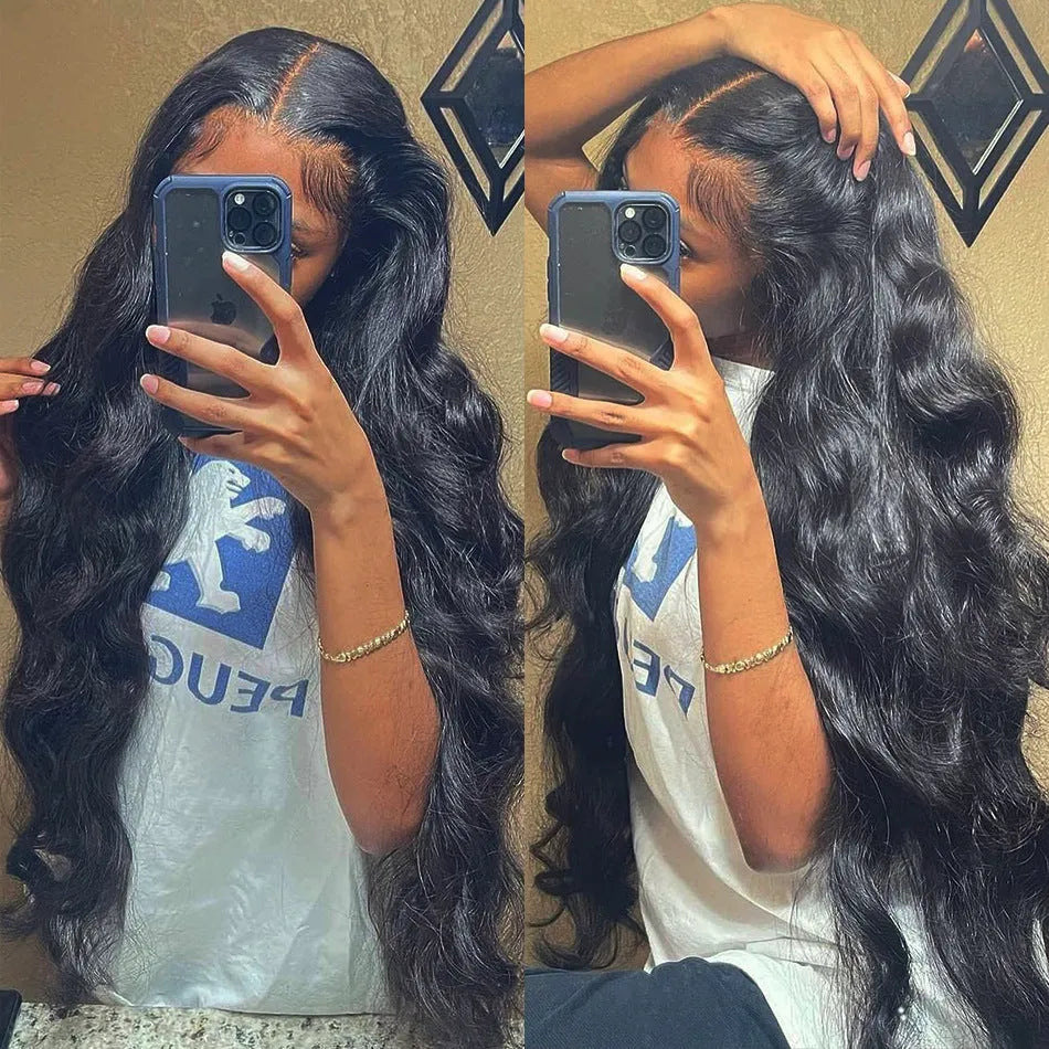 Black long curly synthetic wig with front lace and side bangs on a wig stand
