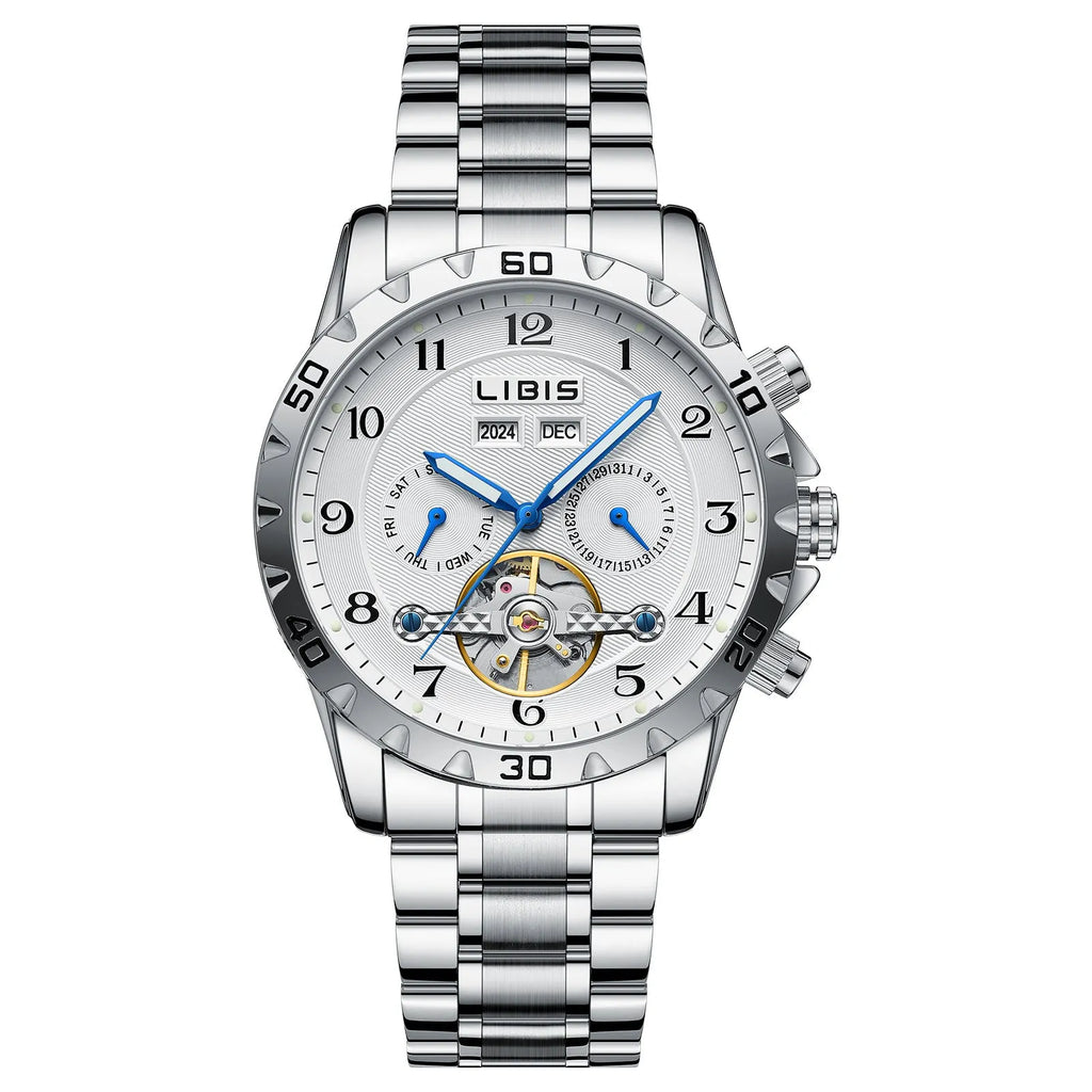 Men's silver stainless steel automatic perpetual calendar mechanical watch with business styling
