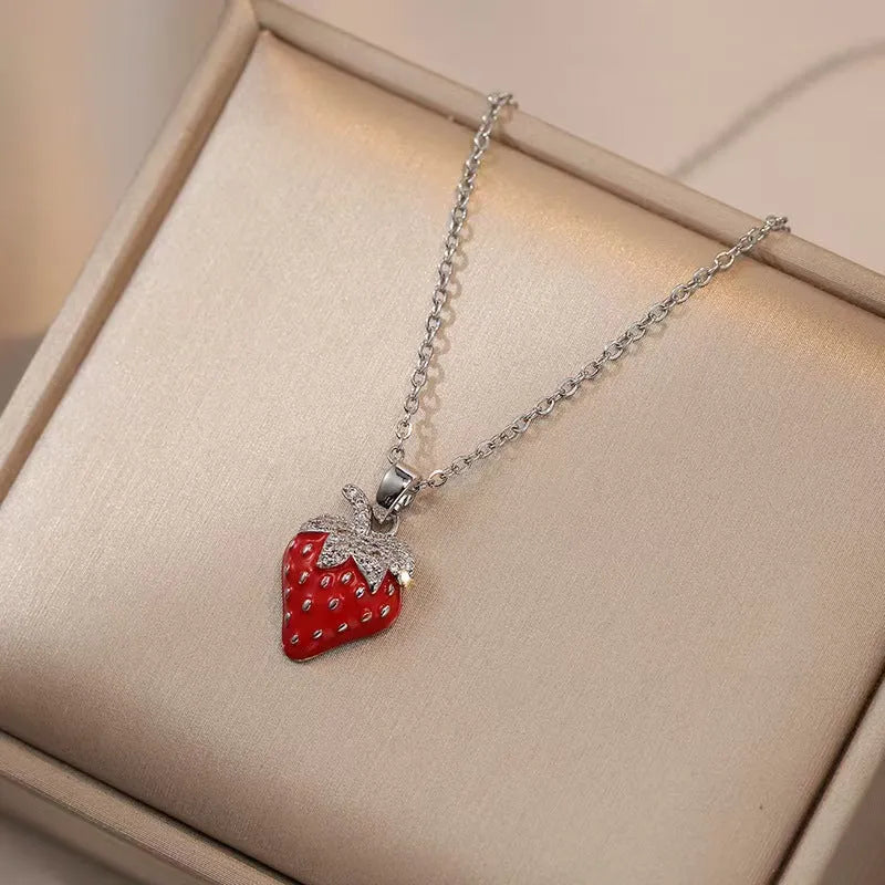 Women's titanium steel necklace with delicate strawberry, cherry and pepper charms on O-ring chain