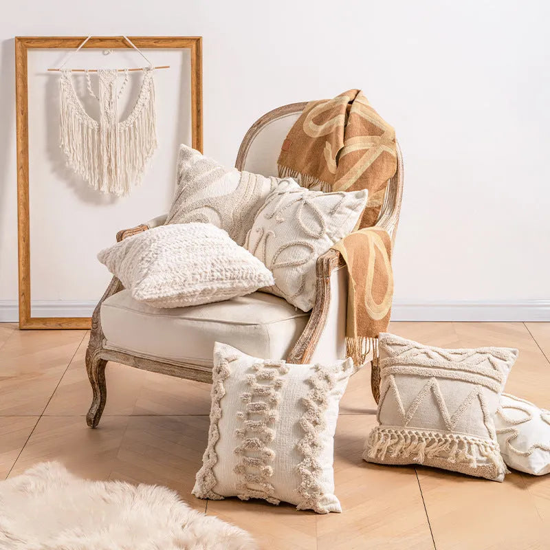 Knitted striped cushion cover with tassel decoration in a choice of six patterns.
