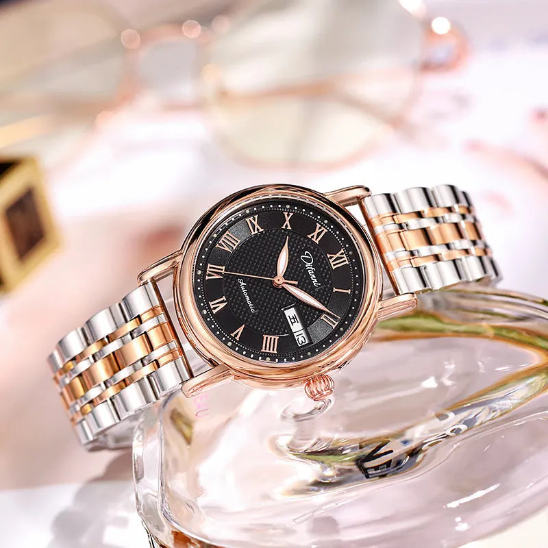 Women's automatic mechanical fashion watch with 12mm thickness showing steel and leather strap options