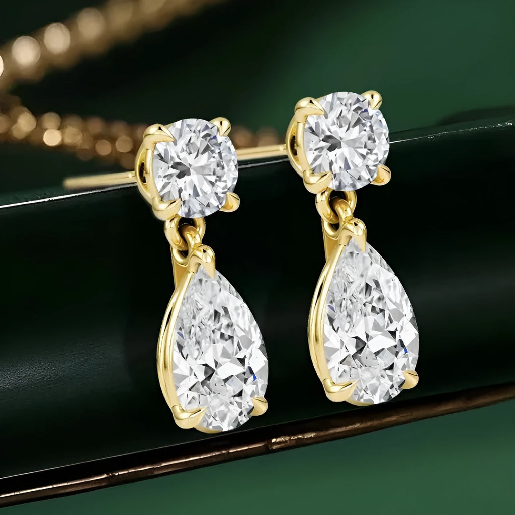 925 sterling silver geometric stud earrings with round and water drop moissanite stones in gold or silver plating