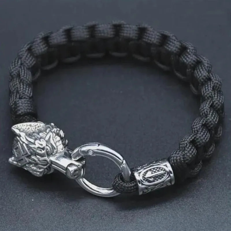 Stainless steel wolf head bracelet with Chinese Luen character charm in camouflage colour