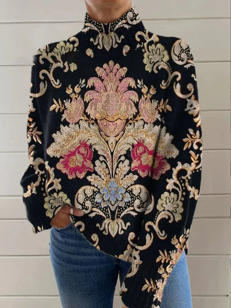 Women's black turtleneck sweater with 3D pattern print, loose fit casual style