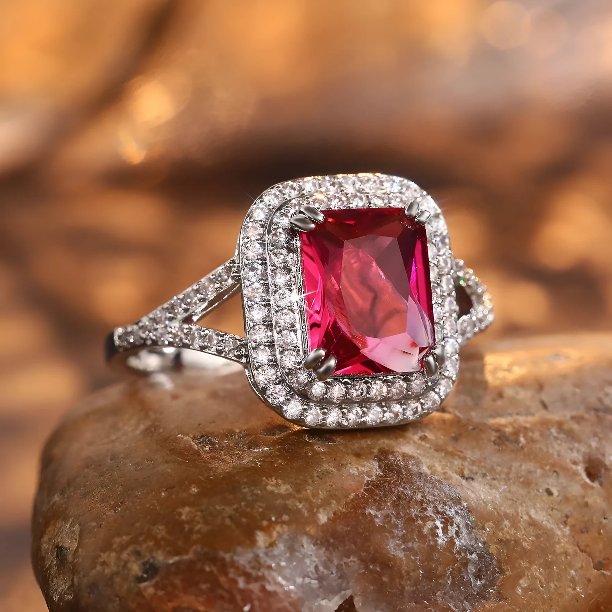 Copper square princess ring with red rhinestones in geometric pattern, UK sizes 6-10