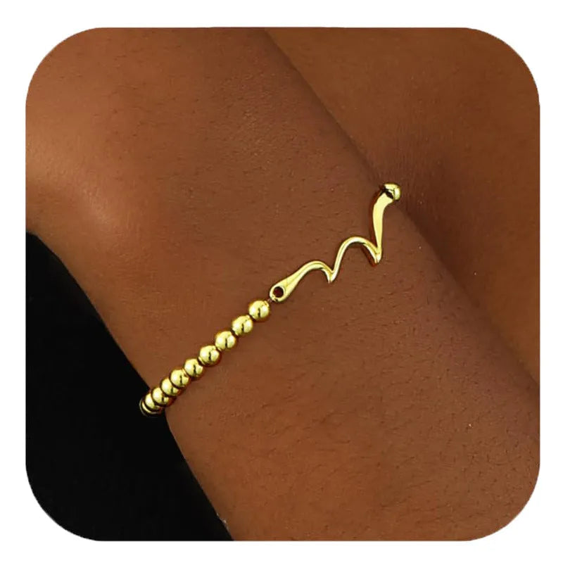 Women's adjustable stainless steel beaded bracelet in geometric design with round beads