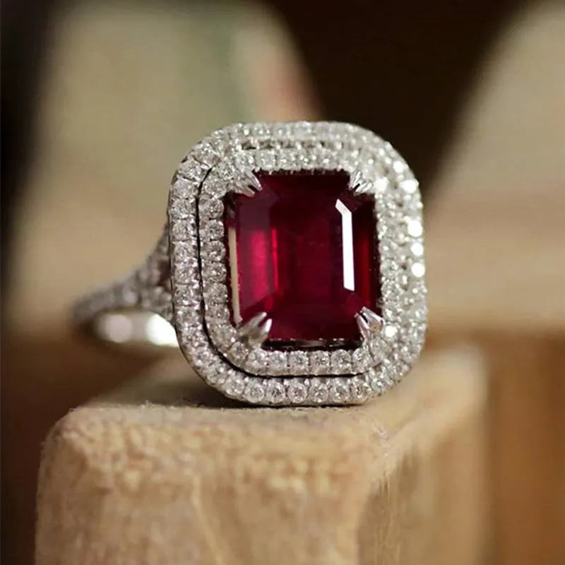 Copper square princess ring with red rhinestones in geometric pattern, UK sizes 6-10