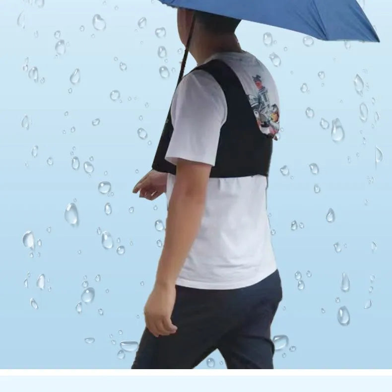 Black portable umbrella holder with fixed shoulder strap for hands-free sunshade use