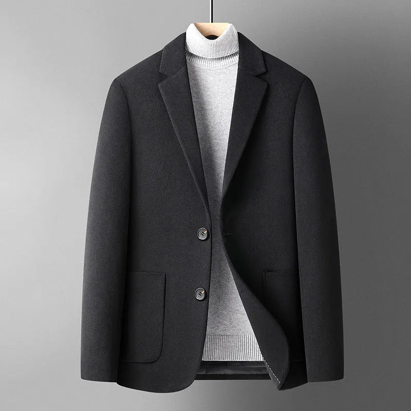 Men's slim fit grey wool suit jacket for autumn winter wear.