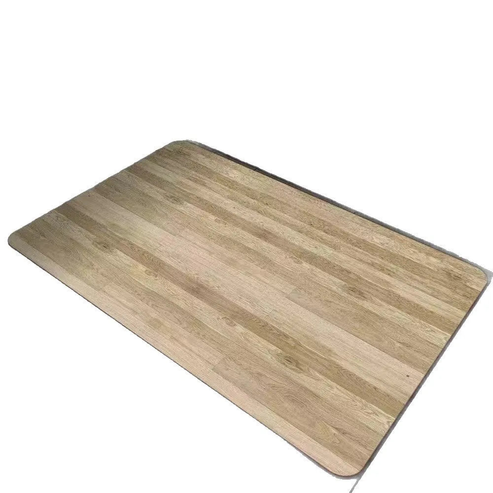 Square diatomite bathroom floor mat with geometric print in a wood grain colour on a tiled floor.