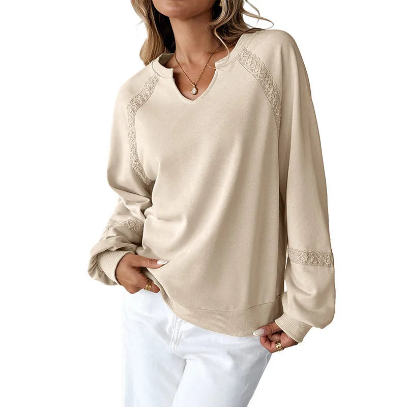 Women's loose fit sweater with half-open collar and stitching lace detail in solid colour