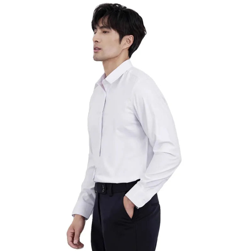 Men's wine red slim fit long sleeve shirt with a cardigan style and non-iron fabric.