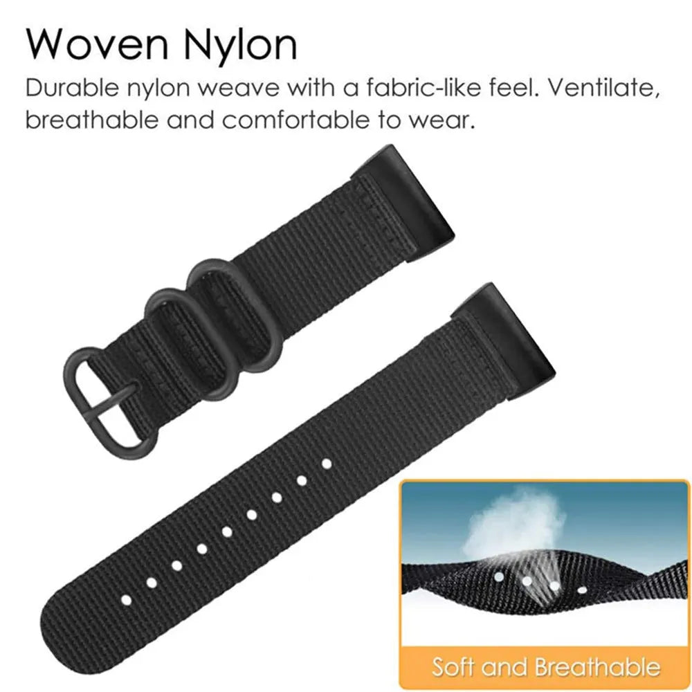 Nylon replacement strap with buckle for Fitbit Charge 2, 3, 4, and 5 fitness trackers.
