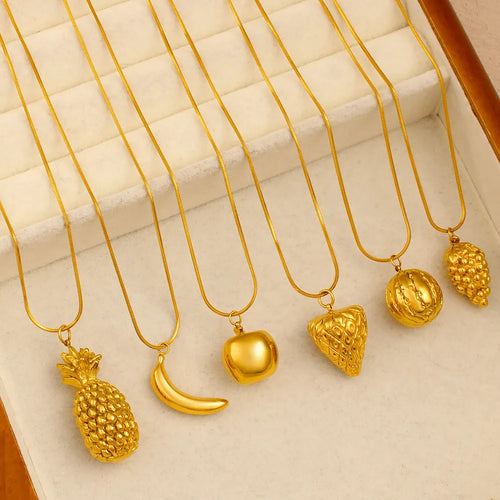 Stainless steel necklace with a detailed alloy fruit pendant charm.