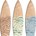 Set of three natural wood surfboard wall decorations on a white background