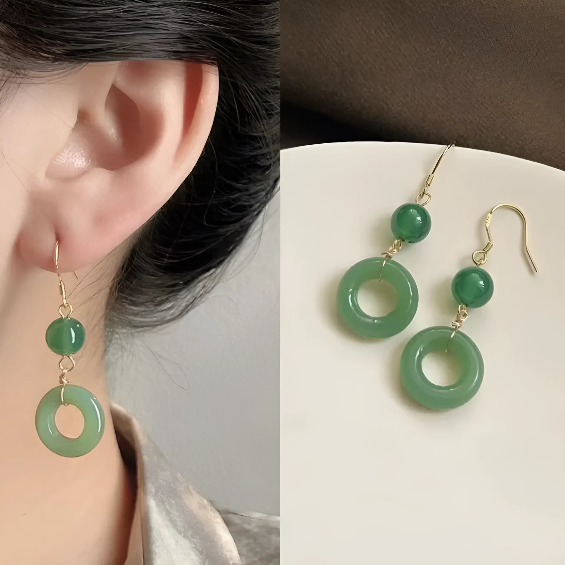 A pair of green geometric Peace Buckle-shaped earrings inspired by traditional Chinese cheongsam design.