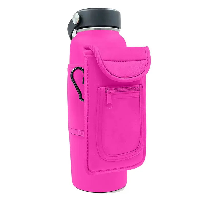 Fitness magnetic cup sleeve in grey with carabiner buckle, holding a large black sports water bottle.