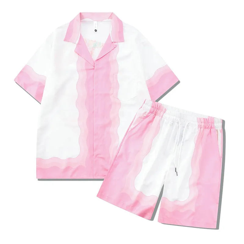 Plaid print beach outfit set comprising a short sleeve shirt and matching shorts on a mannequin