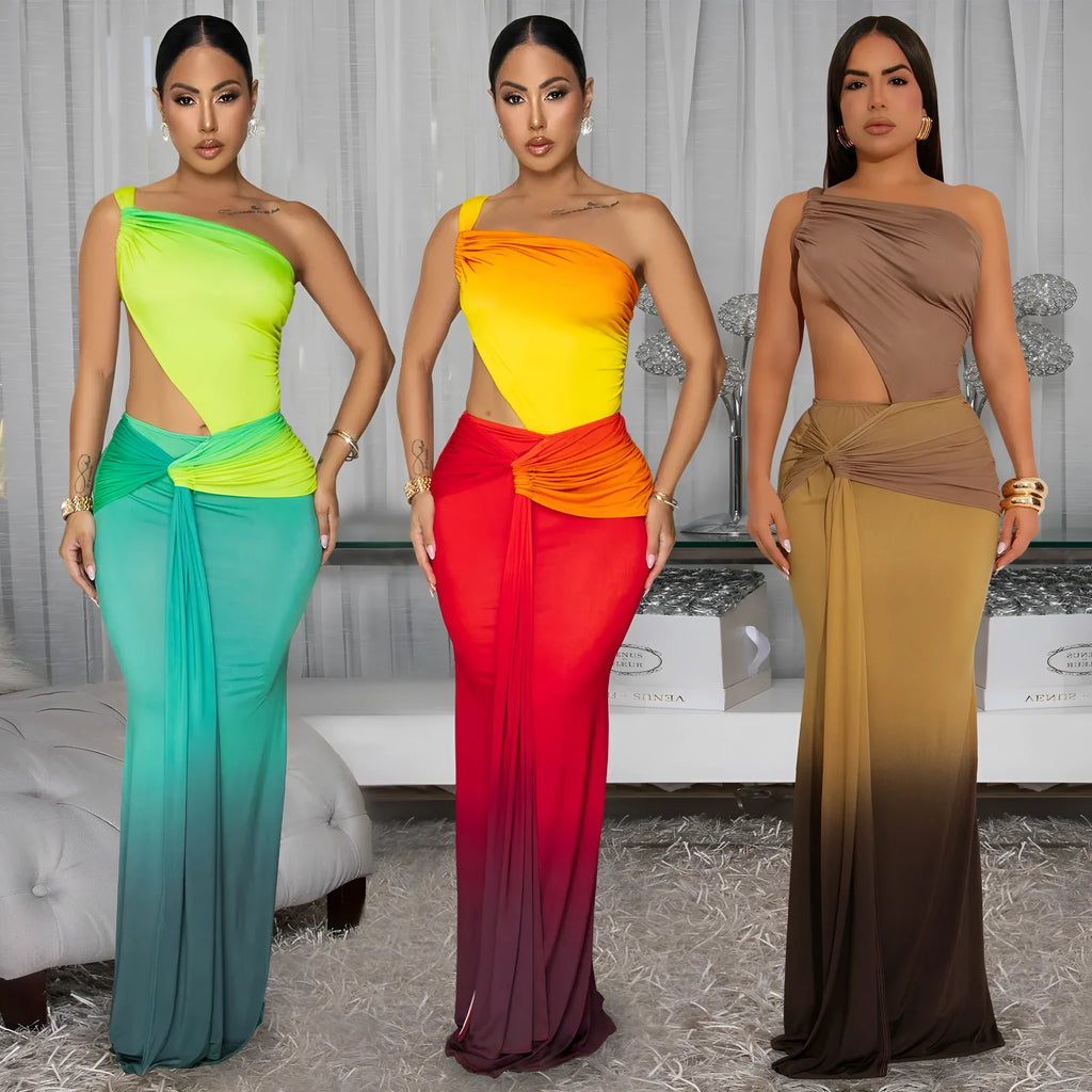 Women's gradient colour cross-shoulder sleeveless summer dress with high waist and long skirt.