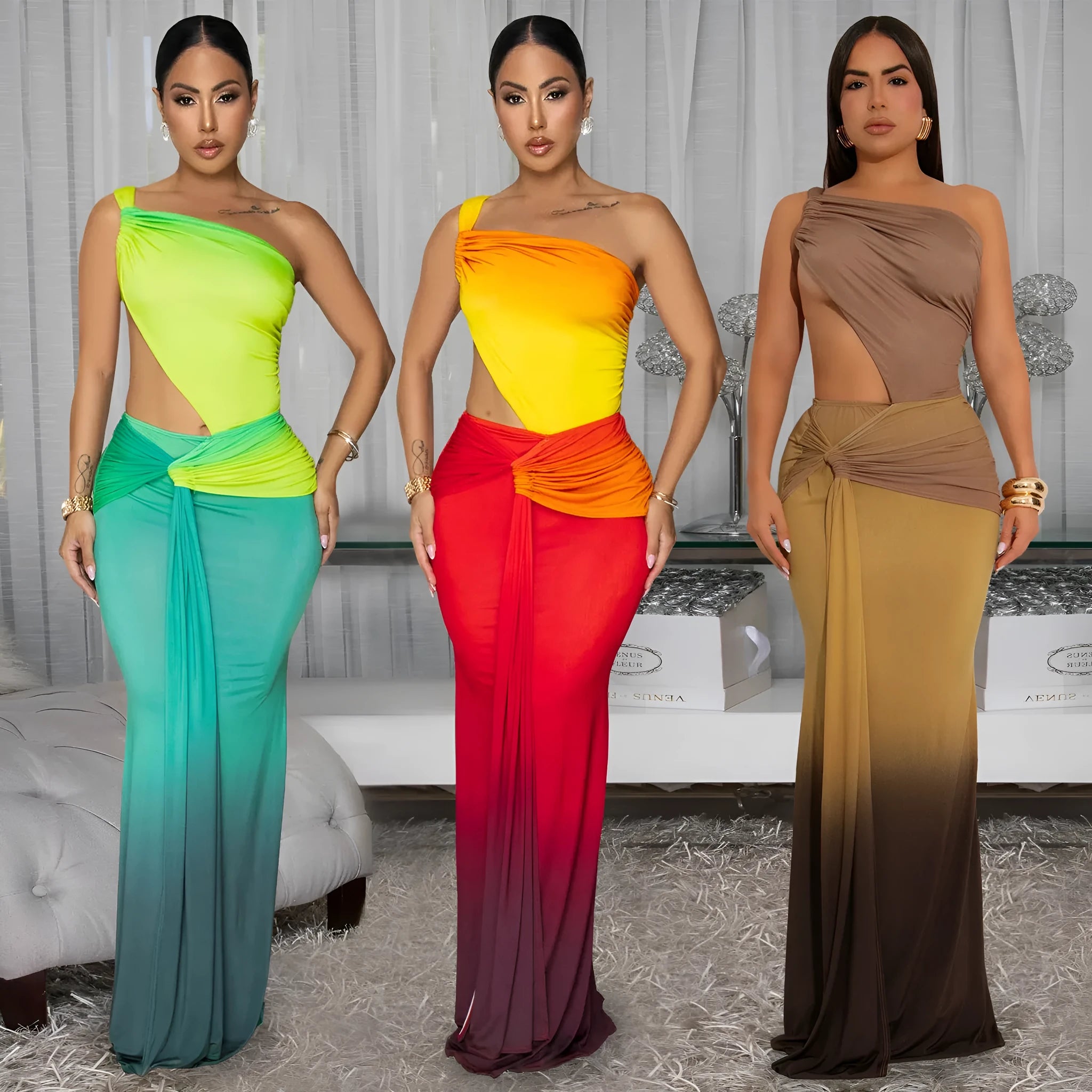 Women's gradient colour cross-shoulder sleeveless summer dress with high waist and long skirt.