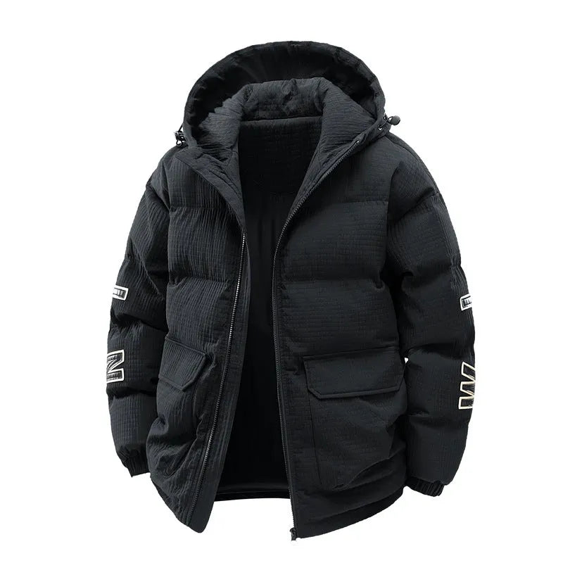 Men's black padded hooded jacket with white letter print detail on the front.