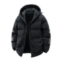 Men's black padded hooded jacket with white letter print detail on the front.